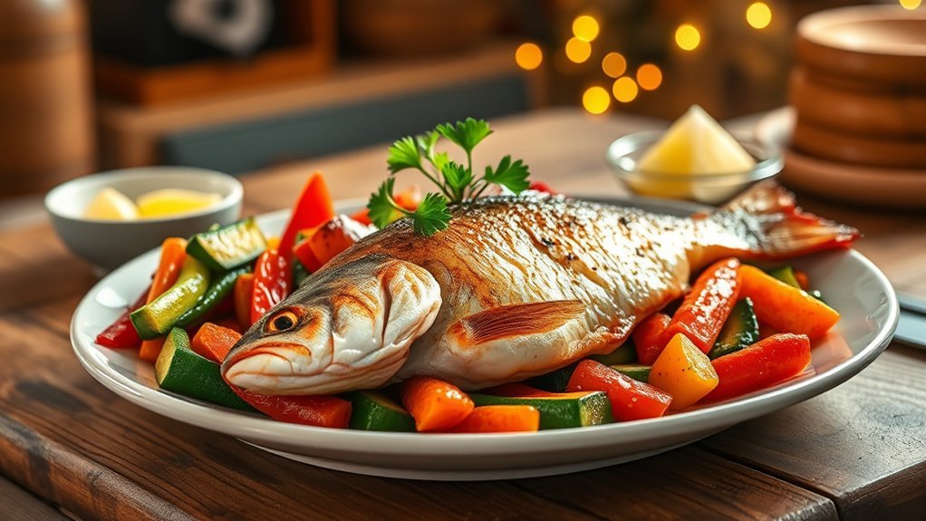 seared bass with vegetables
